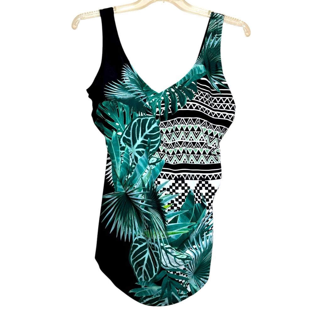 Swimsuits For All black green white tropical print 1 piece swimsuit plus size 18